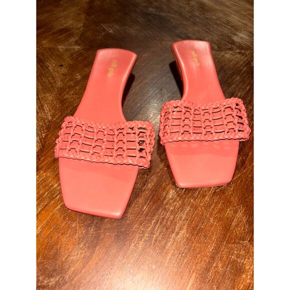 Cult Gaia Maya Woven Leather Sandals 9.5 Coral Open Toe Mule Block Heel Chic Fun - Picture 2 of 10